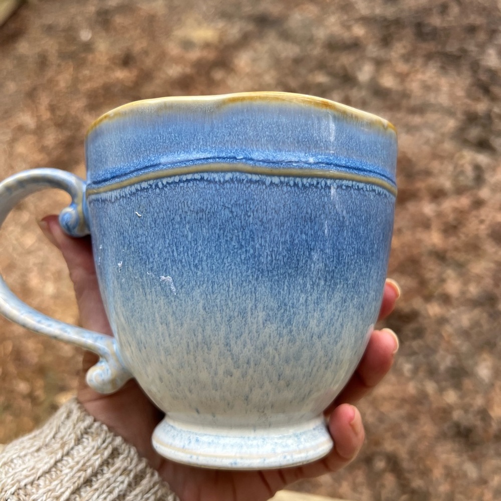 NWT Ceramic Blue Tan 17oz Scroll Handle Pottery Mug